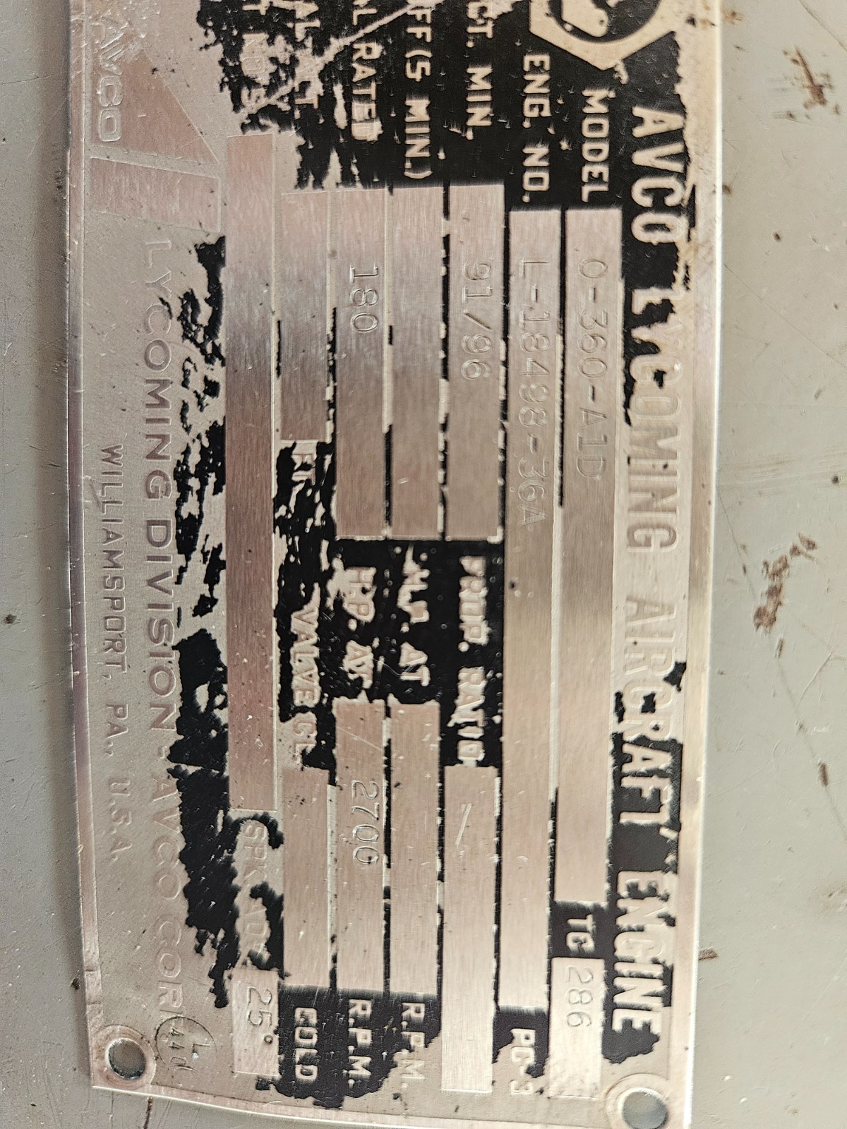 Lycoming O-360-A1D Dataplate