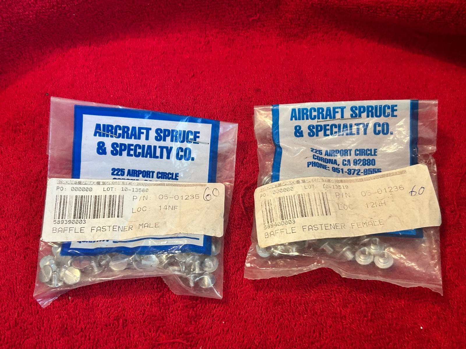 AIRCRAFT SPRUCE BAFFLE FASTENERS MALE/FEMALE P/N 05-01235