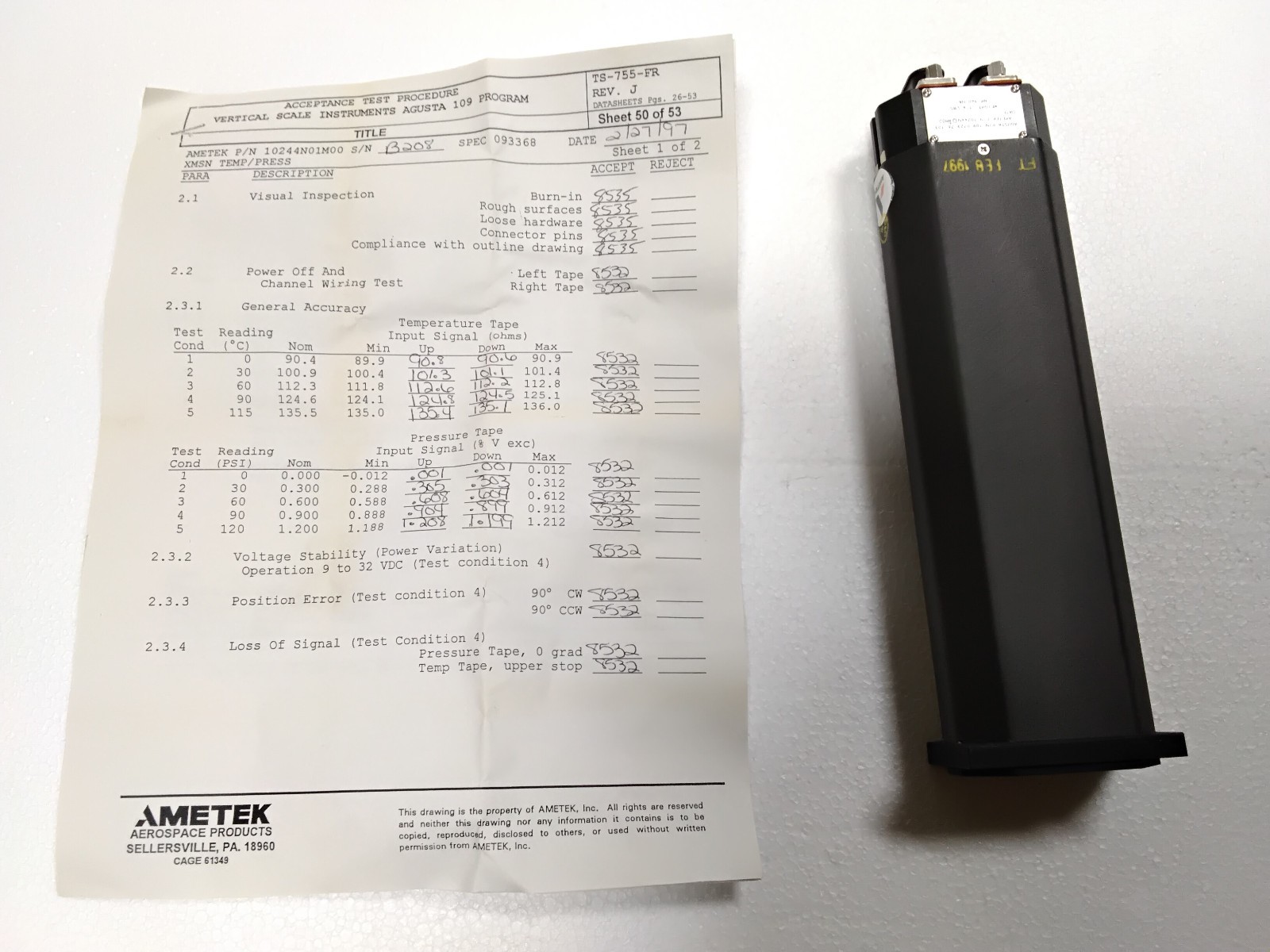 Ametek Aerospace Part Number 10244N01M00 Press/Temp Ind