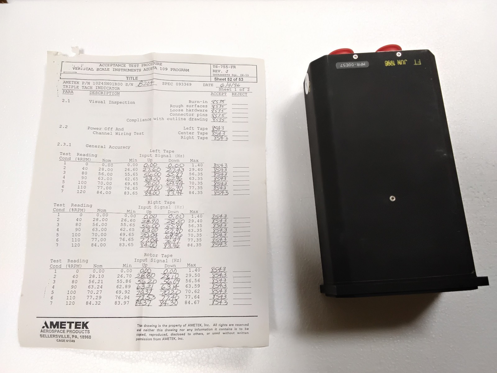 Ametek Aerospace Part Number 10245N01R00 Indicator, Tach