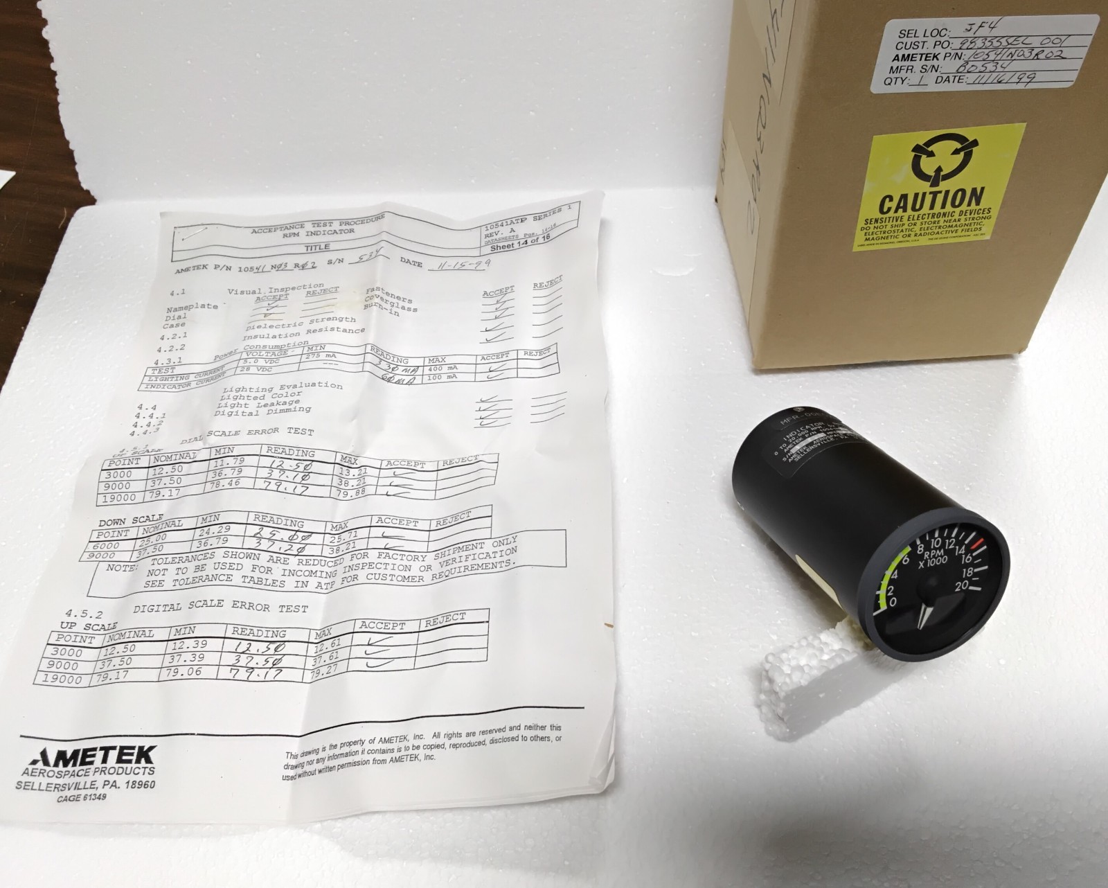Ametek Aerospace Part Number 10541N03R02 RPM Indicator