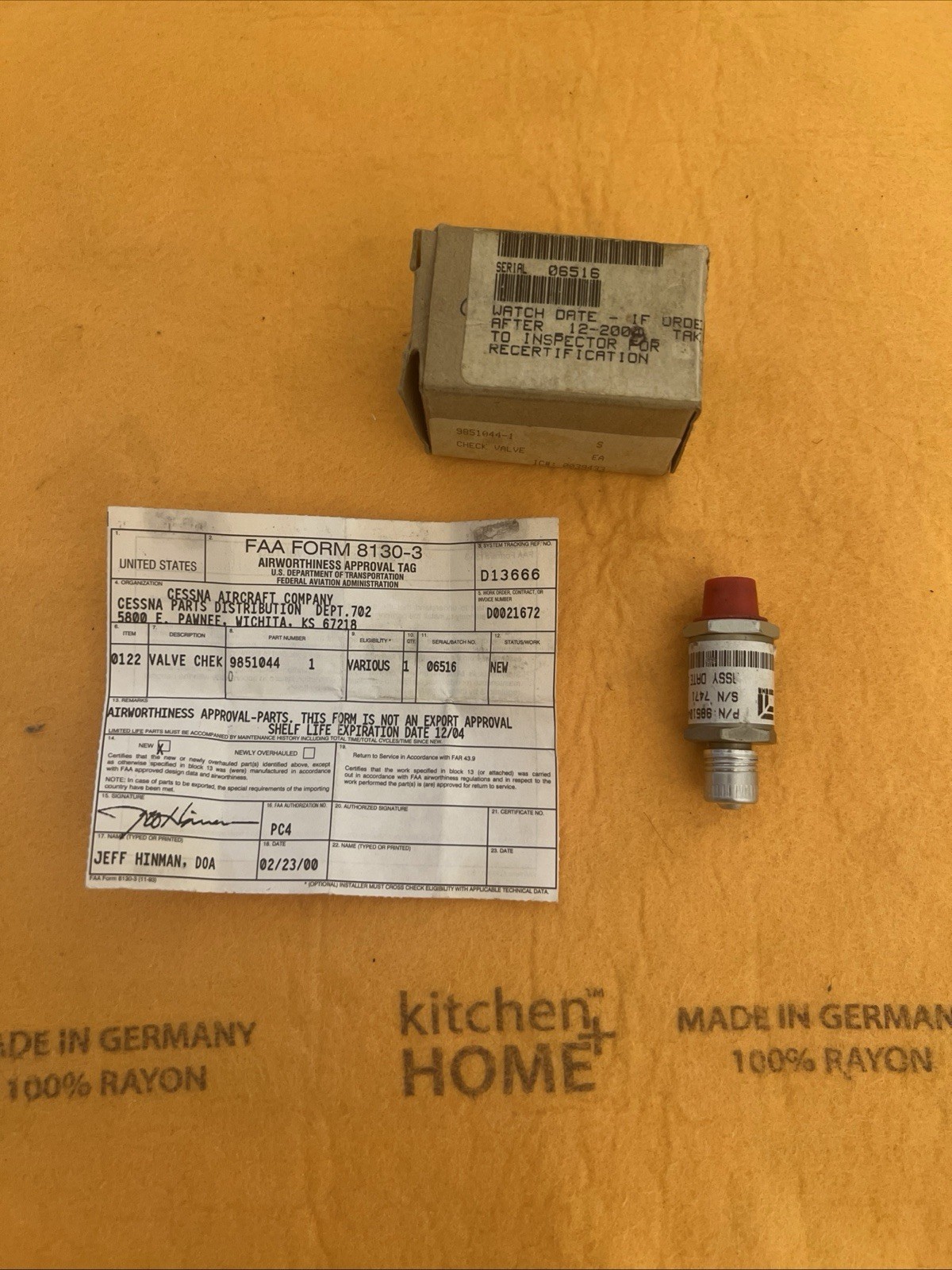 Cessna CHECK VALVE 9851044-1 FAA 8310-3
