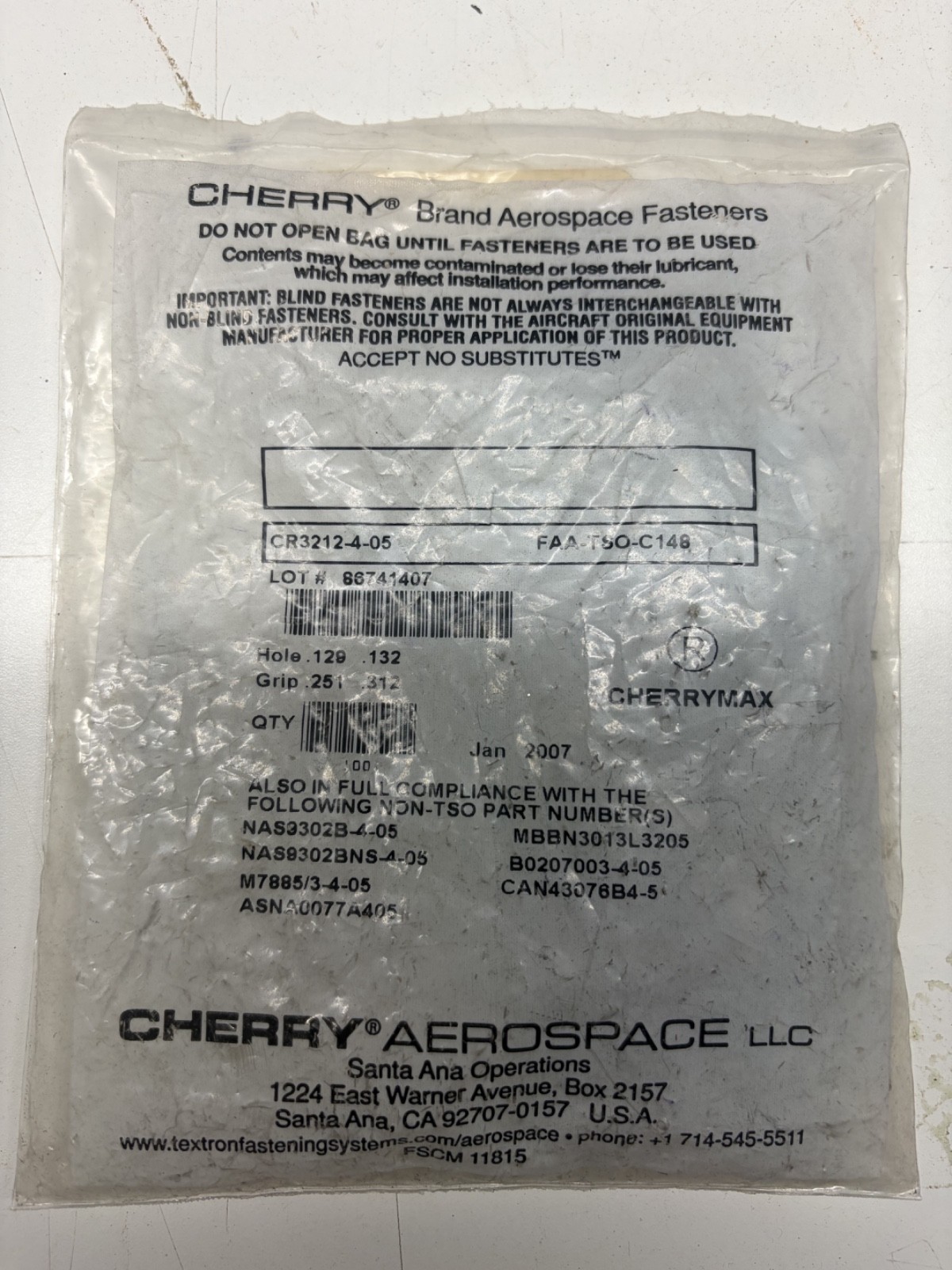 Cherrymax CR3212-4-05 Rivet Pack Aerospace Aviation
