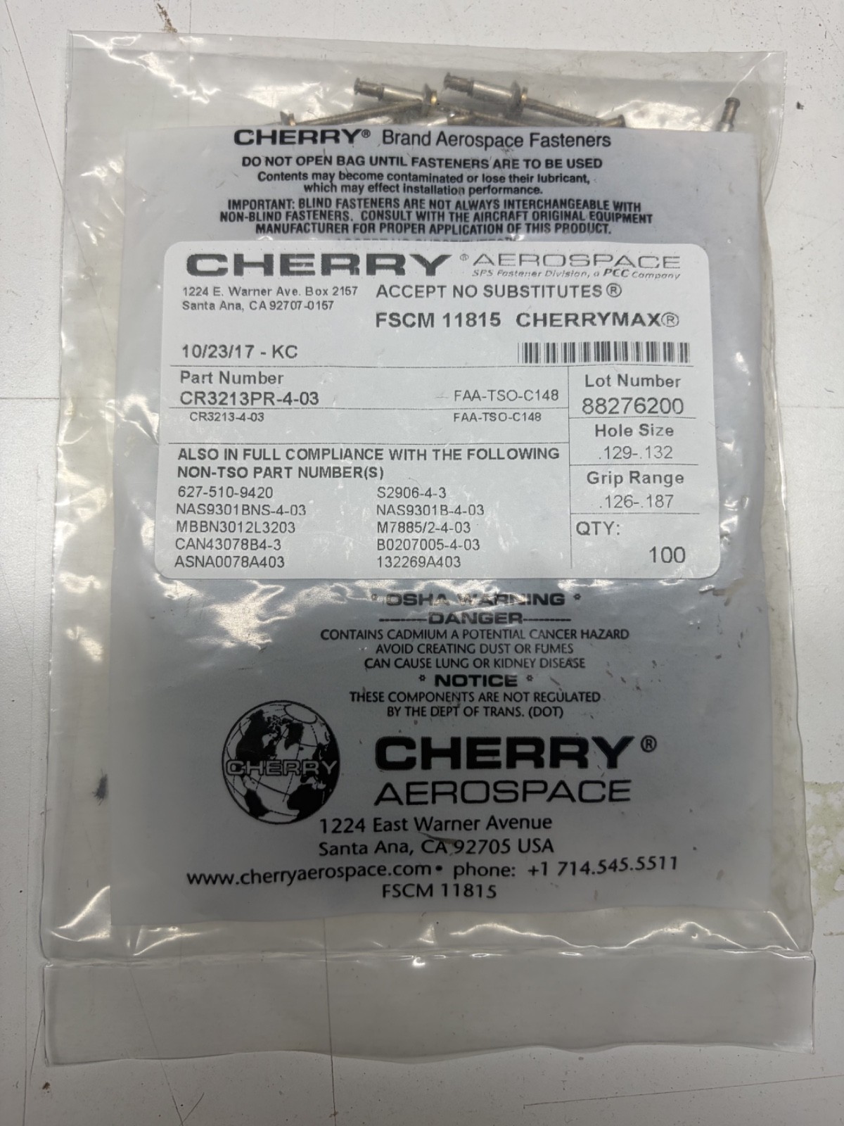 cherrymax CR3213-4-3 Rivet Pack Aerospace Aviation