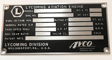 Lycoming Factory Original 1950s Data Plate,