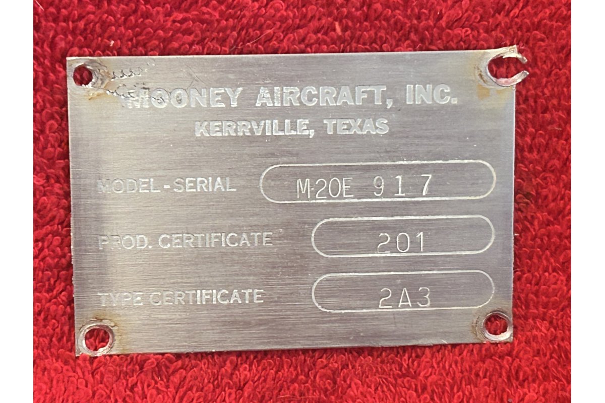 Mooney ORIGINAL M20E AIRCRAFT DATA NAME PLATE
