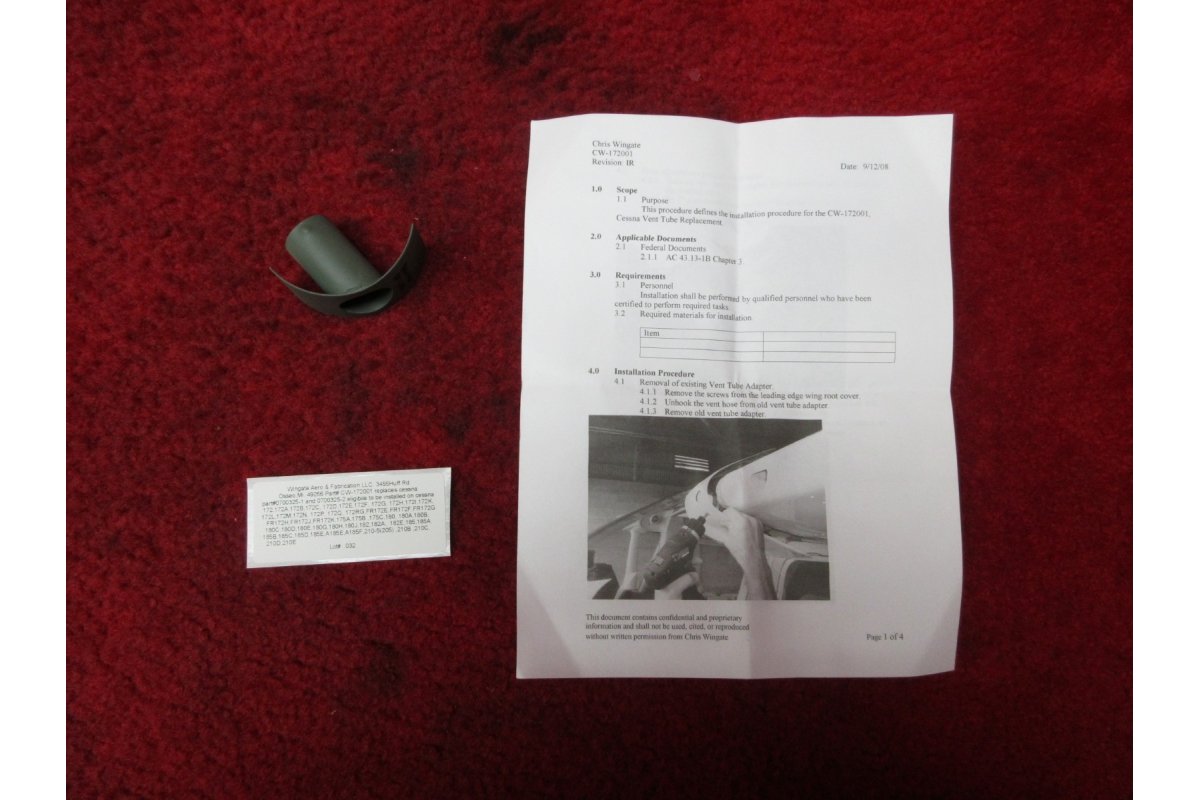 Wingate Aero & Fabrication Cessna Vent Tube Adapter PN CW-172001